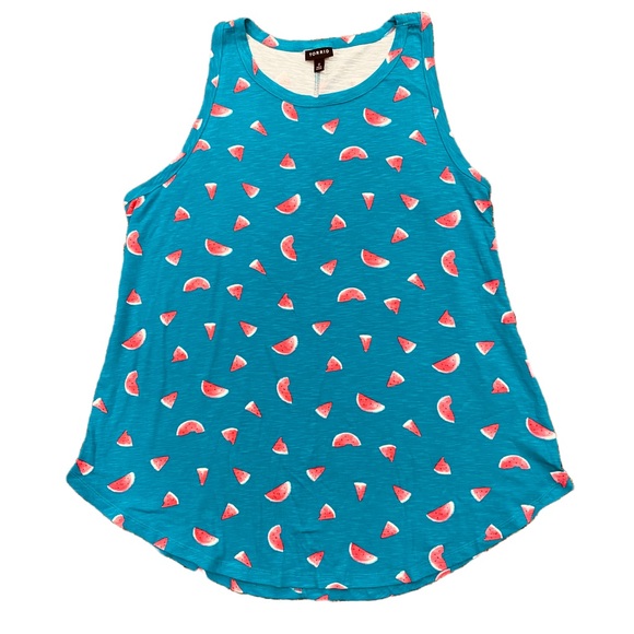torrid Tops - TORRID Size 0 Teal Pink Watermelon Tunic Racerback Tank Top Jersey Knit Large